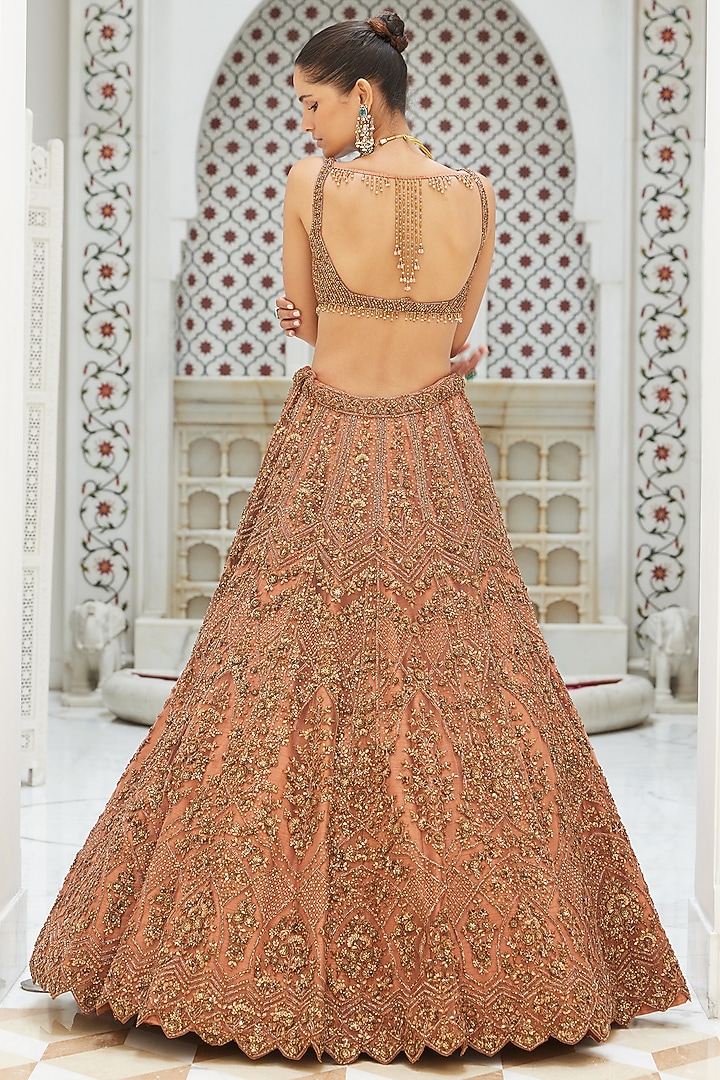 Copper Net Sequins & Crystal Embroidered Bridal Lehenga Set by NITIKA GUJRAL at Pernia's Pop Up Shop