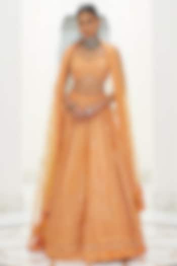 Orange Net Sequins & Crystal Embroidered Bridal Lehenga Set by NITIKA GUJRAL at Pernia's Pop Up Shop