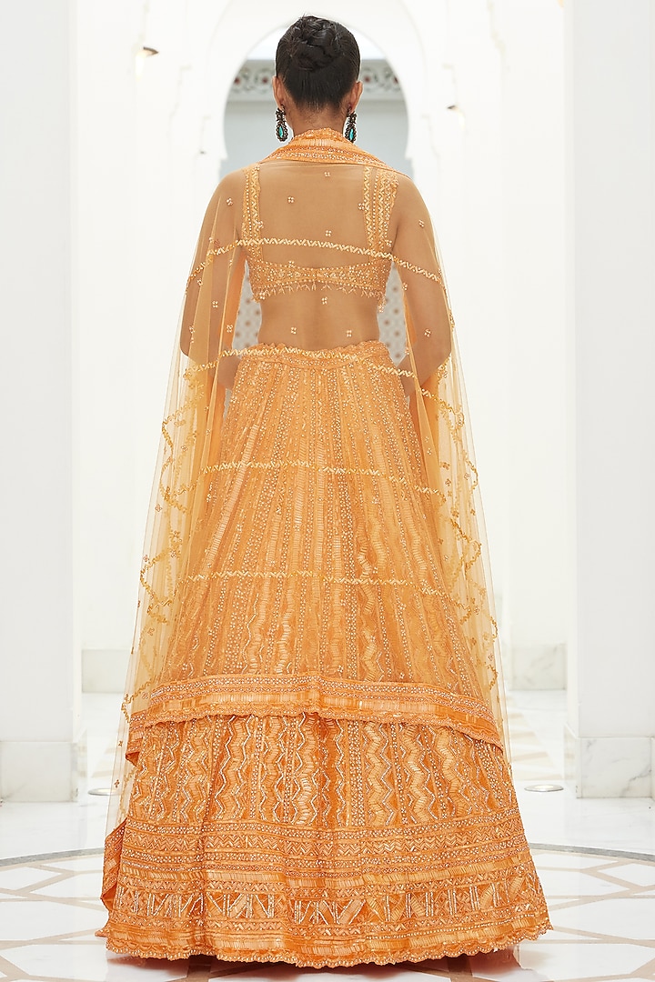 Orange Net Sequins & Crystal Embroidered Bridal Lehenga Set by NITIKA GUJRAL at Pernia's Pop Up Shop