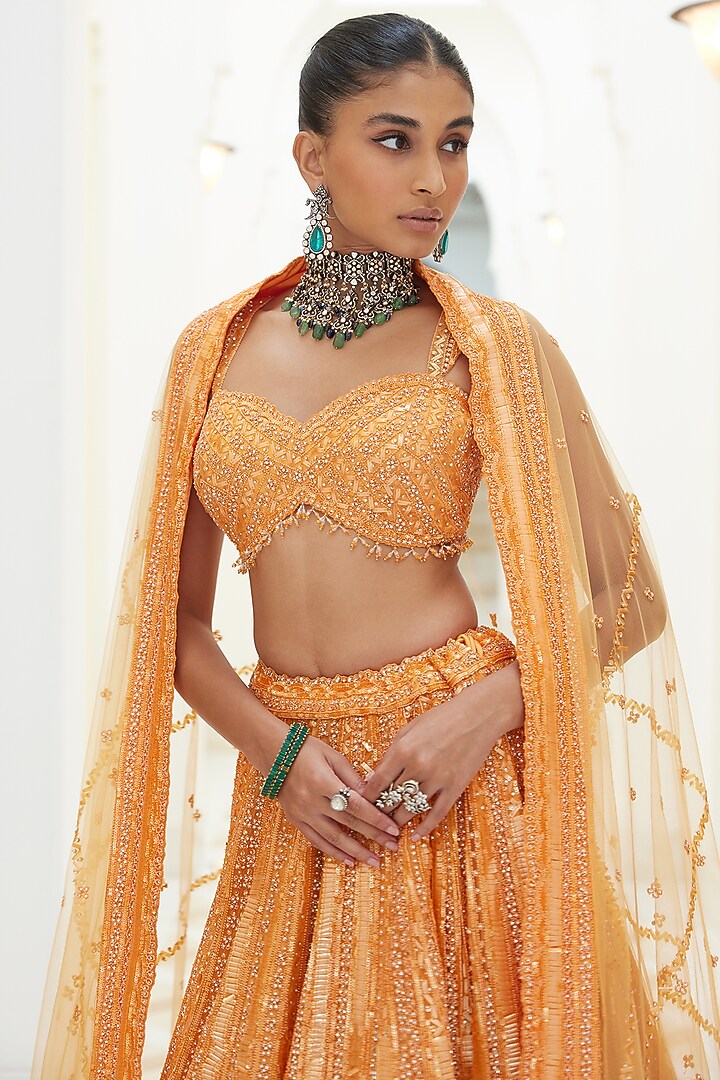 Orange Net Sequins & Crystal Embroidered Bridal Lehenga Set by NITIKA GUJRAL at Pernia's Pop Up Shop