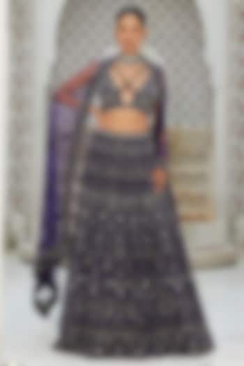 Purple Net Applique Embroidered Bridal Lehenga Set by NITIKA GUJRAL at Pernia's Pop Up Shop