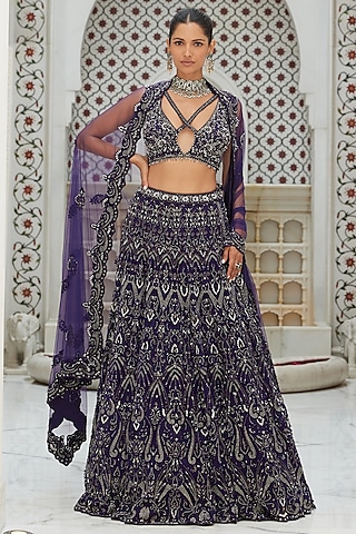 Purple Net Applique Embroidered Lehenga Set by NITIKA GUJRAL