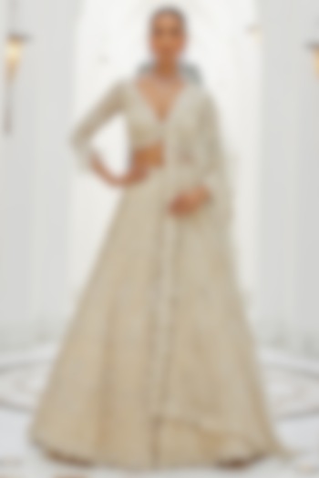 Ivory Net Sequins & Crystal Embroidered Bridal Bridal Lehenga Set by NITIKA GUJRAL at Pernia's Pop Up Shop