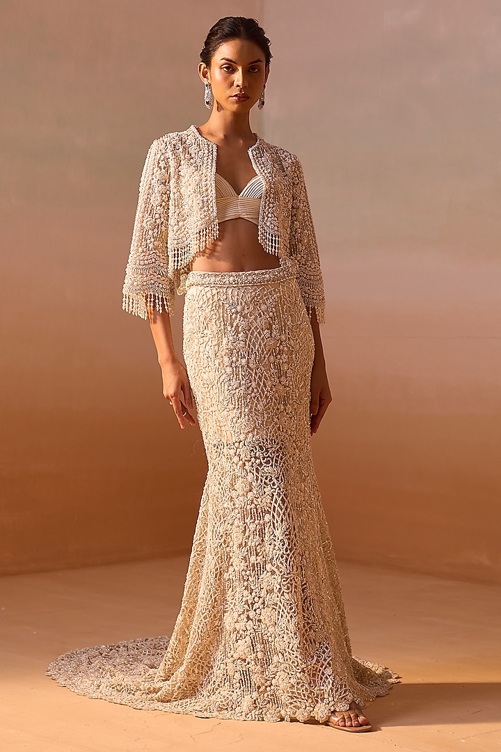 Ivory Net Dori & Pearl Work Fishtail Skirt Set by NITIKA GUJRAL at Pernia's Pop Up Shop