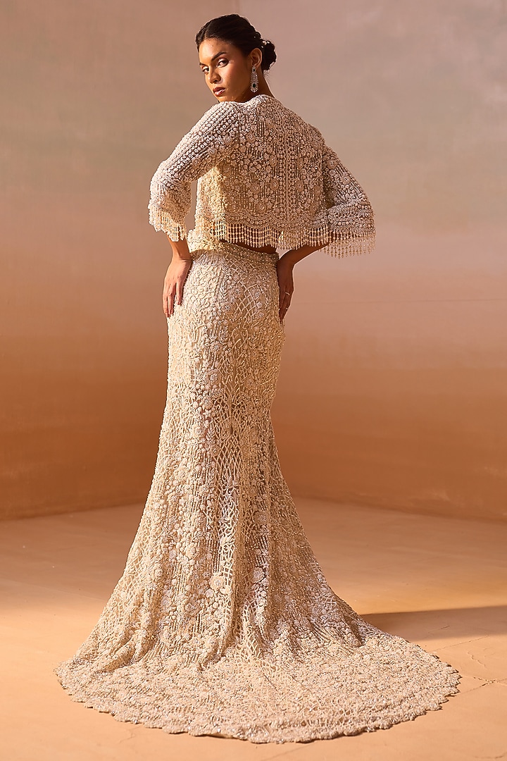 Ivory Net Dori & Pearl Work Fishtail Skirt Set by NITIKA GUJRAL at Pernia's Pop Up Shop