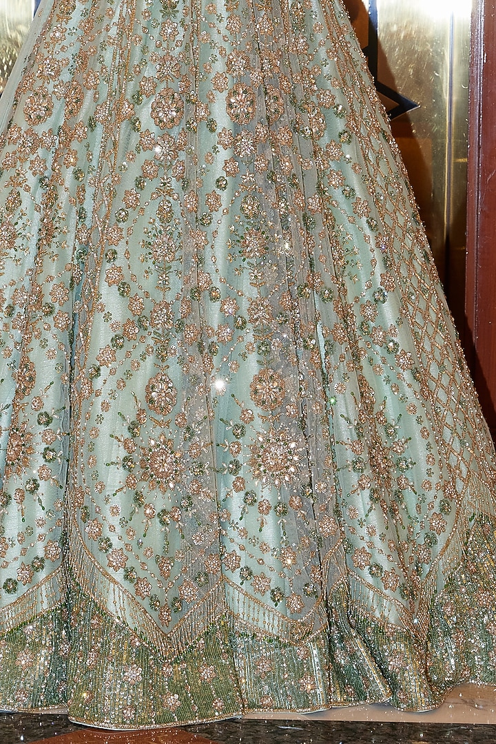 Mint Green Net Sequins & Crystal Embroidered Bridal Lehenga Set by NITIKA GUJRAL at Pernia's Pop Up Shop