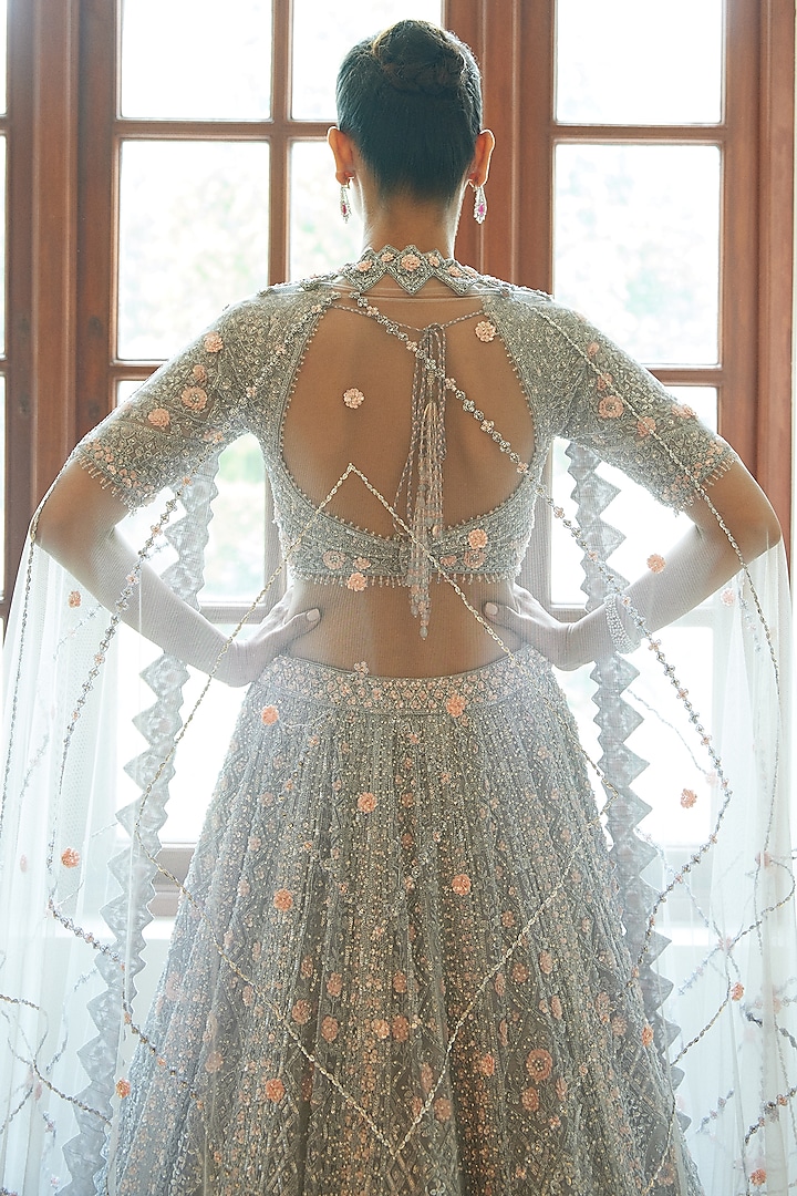 Silver Grey Net Sequins & Beads Embroidered Bridal Lehenga Set by NITIKA GUJRAL at Pernia's Pop Up Shop