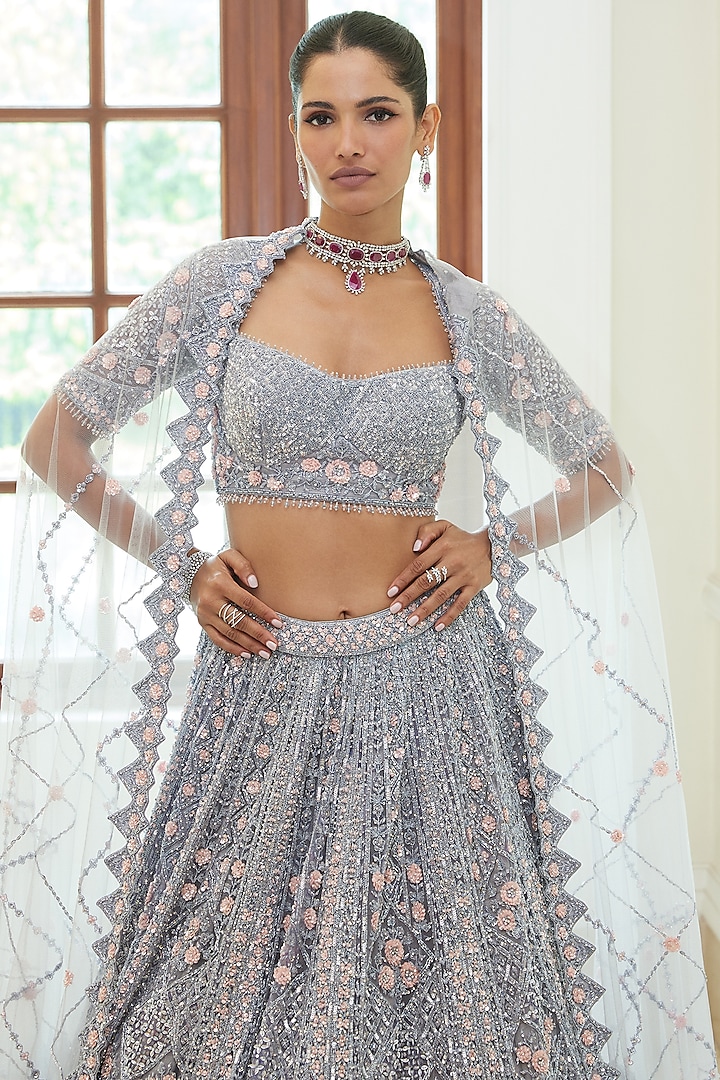 Silver Grey Net Sequins & Beads Embroidered Bridal Lehenga Set by NITIKA GUJRAL at Pernia's Pop Up Shop