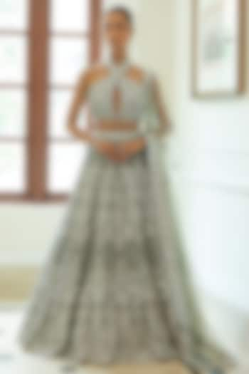 Charcoal Grey Net Sequins & Beads Embroidered Bridal Lehenga Set by NITIKA GUJRAL at Pernia's Pop Up Shop