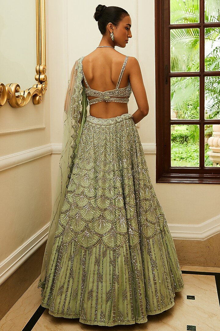 Mint Green Net Sequins & Beads Embroidered Bridal Lehenga Set by NITIKA GUJRAL at Pernia's Pop Up Shop
