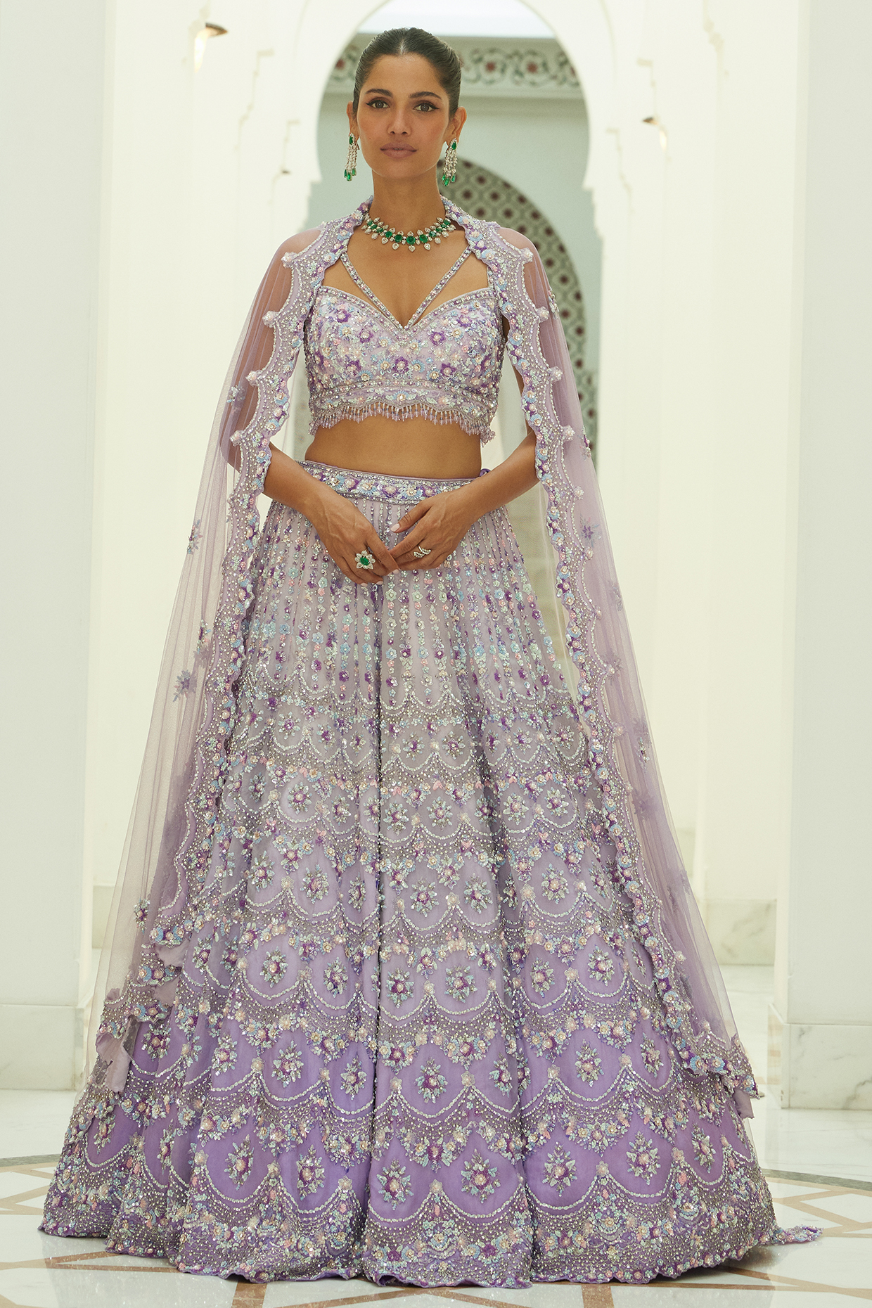 Lilac Net Organza Beads & Sequins Embroidered Ombre Bridal Bridal Lehenga Set by NITIKA GUJRAL at Pernia's Pop Up Shop