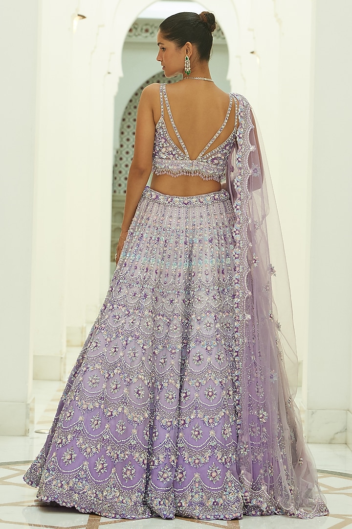 Lilac Net Organza Beads & Sequins Embroidered Ombre Bridal Bridal Lehenga Set by NITIKA GUJRAL at Pernia's Pop Up Shop