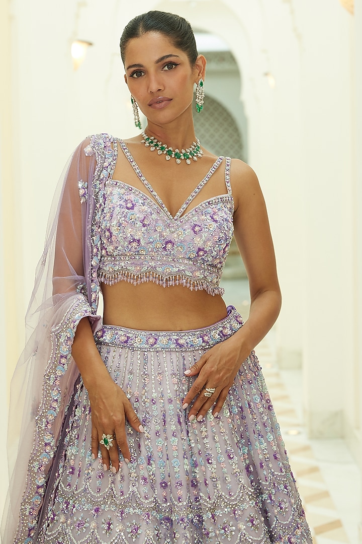 Lilac Net Organza Beads & Sequins Embroidered Ombre Bridal Bridal Lehenga Set by NITIKA GUJRAL at Pernia's Pop Up Shop