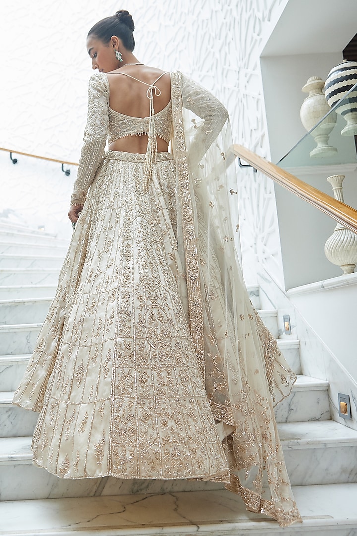 Champagne Organza Sequins & Beads Embroidered Bridal Bridal Lehenga Set by NITIKA GUJRAL at Pernia's Pop Up Shop