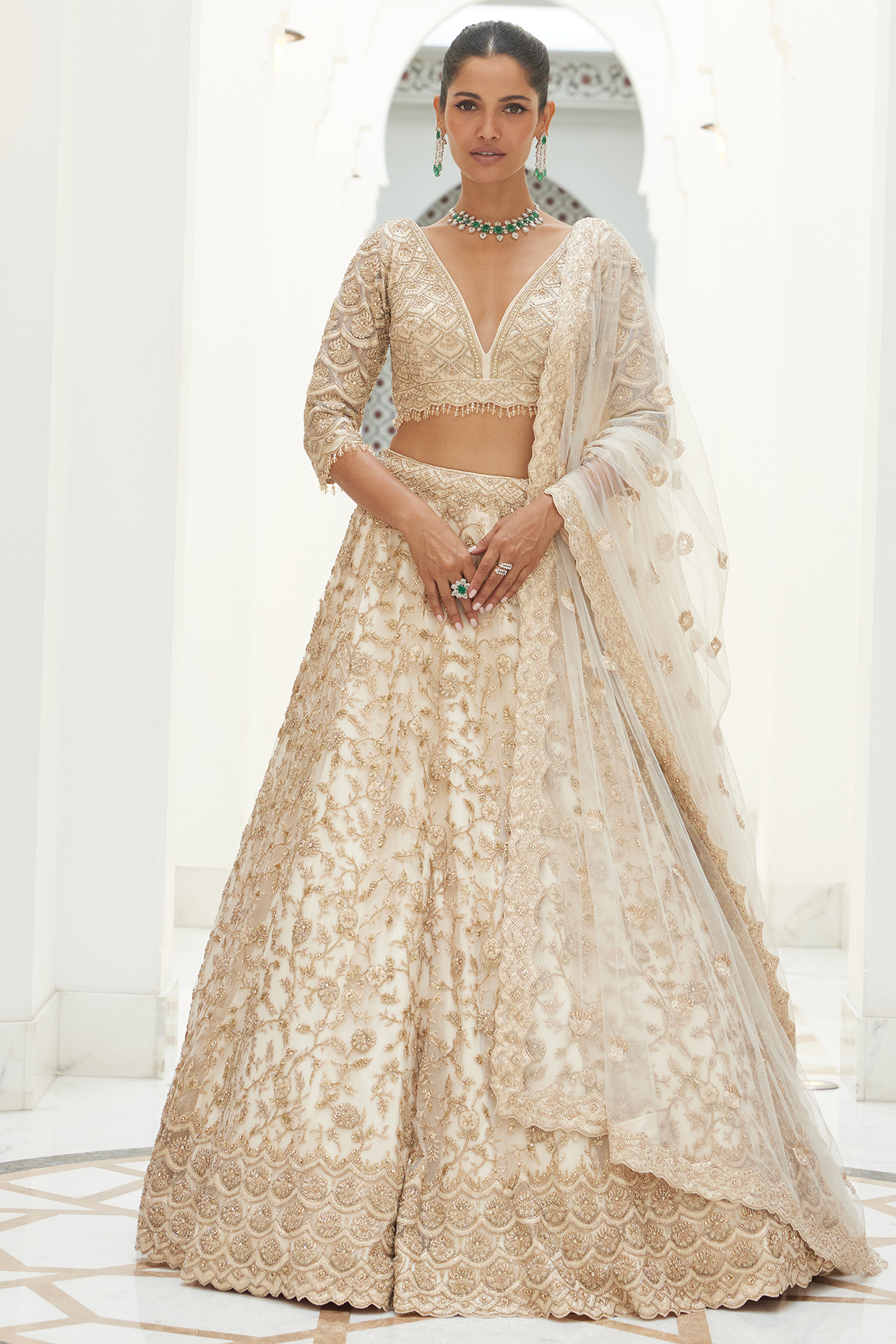 Light Beige Net Applique Embroidered Bridal Bridal Lehenga Set by NITIKA GUJRAL at Pernia's Pop Up Shop