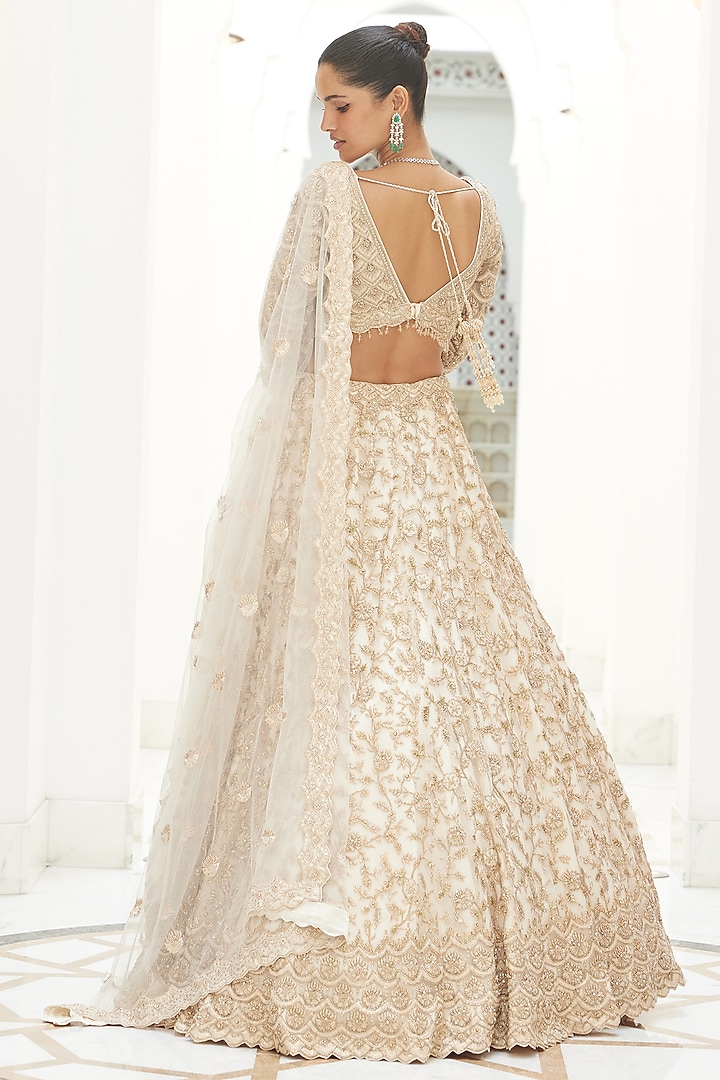 Light Beige Net Applique Embroidered Bridal Bridal Lehenga Set by NITIKA GUJRAL at Pernia's Pop Up Shop