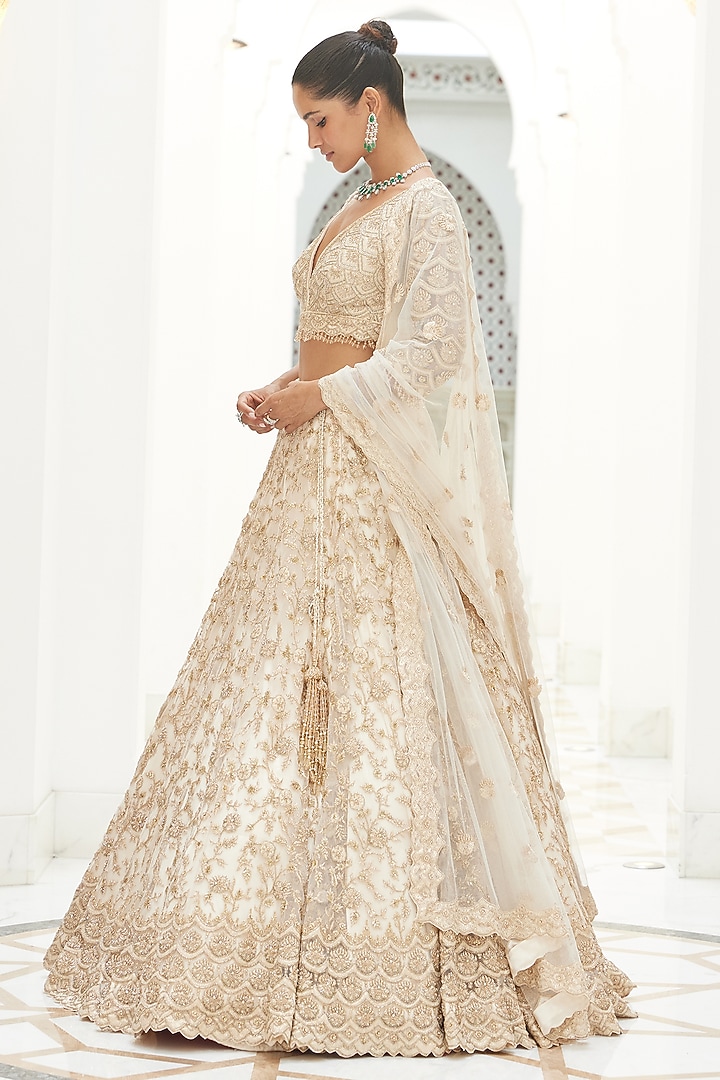 Light Beige Net Applique Embroidered Bridal Bridal Lehenga Set by NITIKA GUJRAL at Pernia's Pop Up Shop