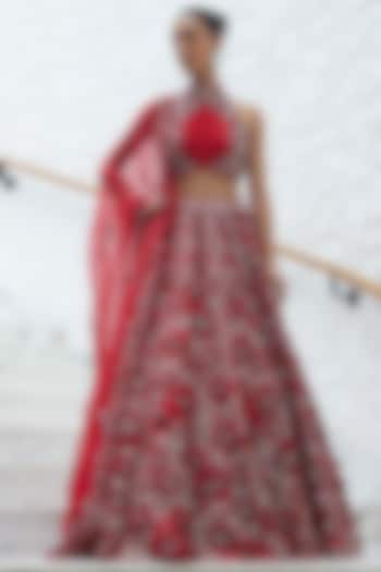 Red Raw Silk Crystal & Sequins Embroidered Bridal Lehenga Set by NITIKA GUJRAL at Pernia's Pop Up Shop