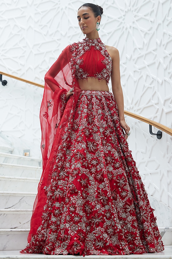 Red Raw Silk Crystal And Sequins Embroidered Lehenga Set Design By Nitika Gujral At Pernias Pop 9181