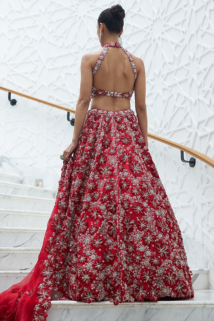 Red Raw Silk Crystal & Sequins Embroidered Bridal Lehenga Set by NITIKA GUJRAL at Pernia's Pop Up Shop