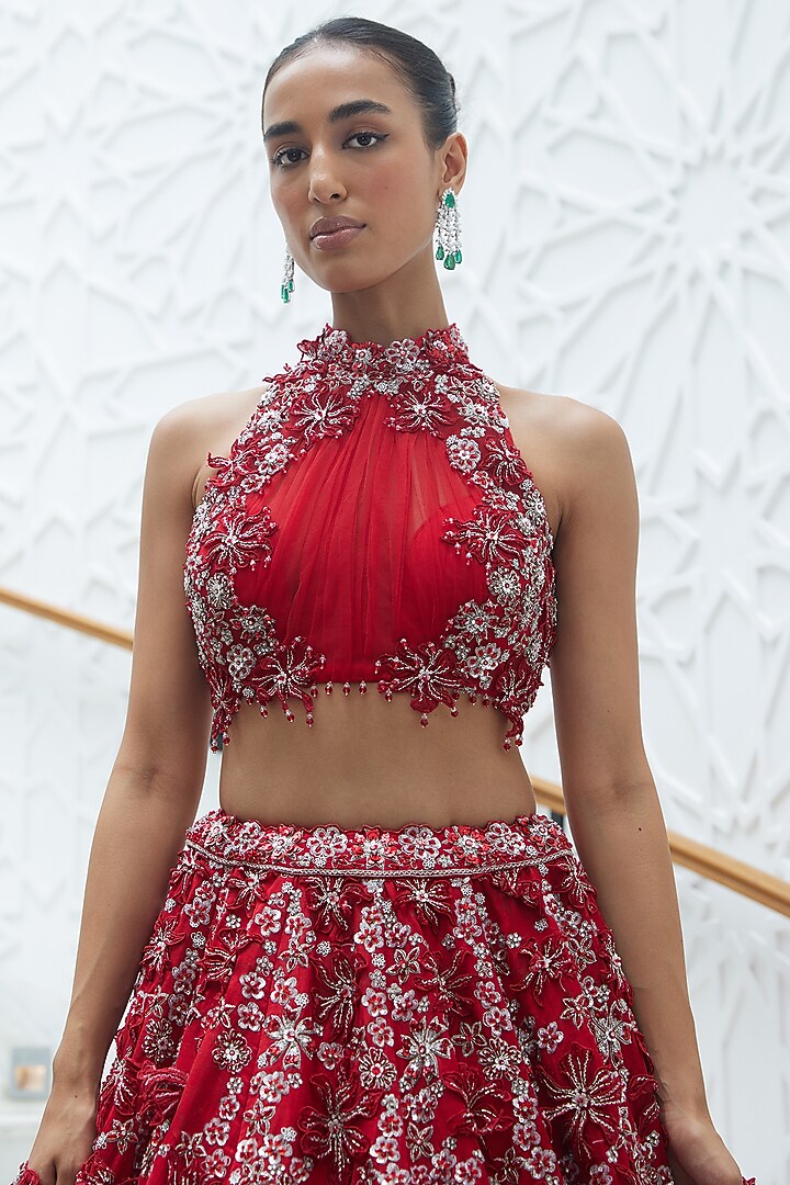 Red Raw Silk Crystal & Sequins Embroidered Bridal Lehenga Set by NITIKA GUJRAL at Pernia's Pop Up Shop