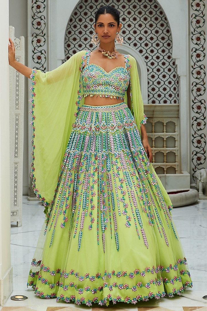 Fine Green Resham Net A Line Lehenga Choli