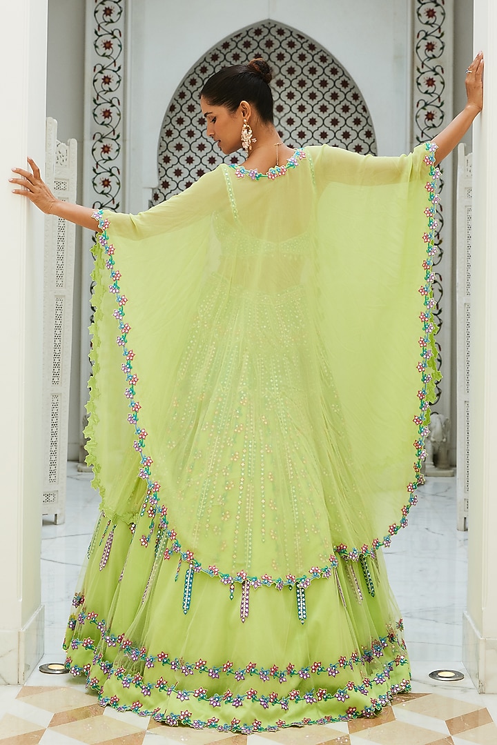 Lime Green Net Resham Embroidered Jacket Wedding Lehenga Set by NITIKA GUJRAL at Pernia's Pop Up Shop