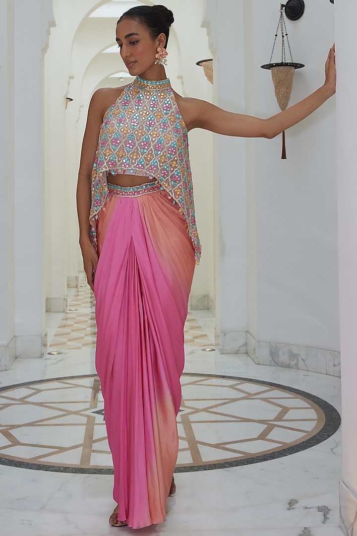 Pink Satin Ombre Shaded Skirt Set by NITIKA GUJRAL at Pernia's Pop Up Shop