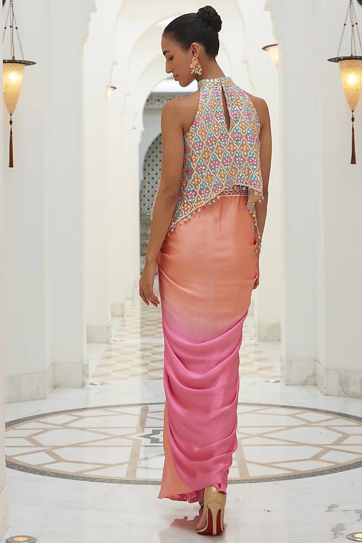 Pink Satin Ombre Shaded Skirt Set by NITIKA GUJRAL at Pernia's Pop Up Shop