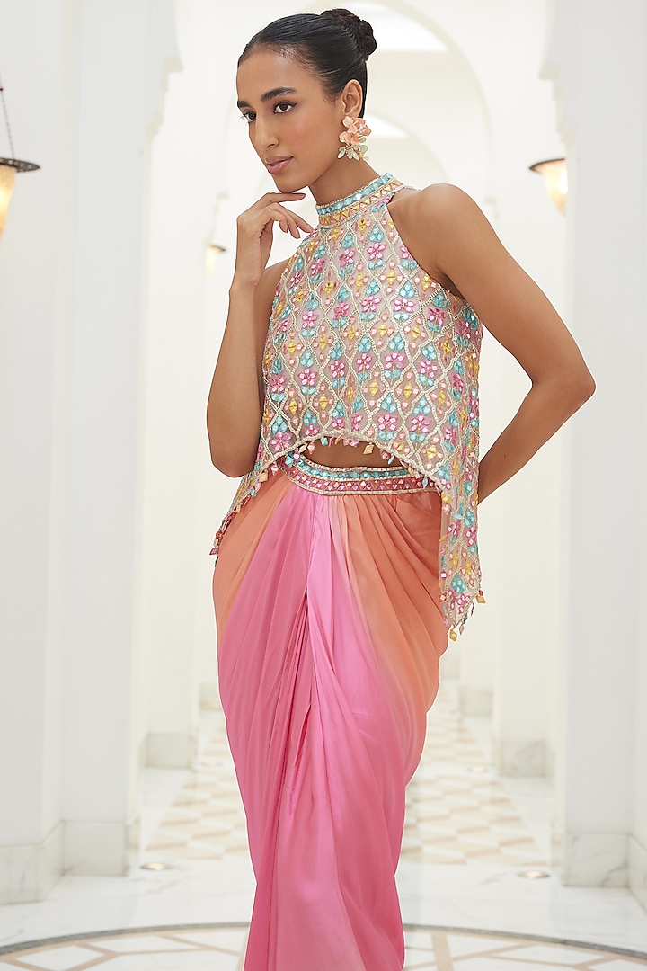 Pink Satin Ombre Shaded Skirt Set by NITIKA GUJRAL at Pernia's Pop Up Shop