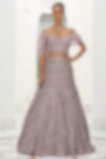 Mauve Net & Raw Silk Sequins & Beads Embroidered Fishtail Skirt Set by NITIKA GUJRAL at Pernia's Pop Up Shop