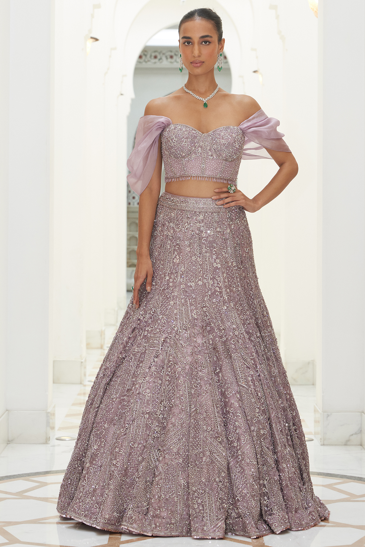 Mauve Net & Raw Silk Sequins & Beads Embroidered Fishtail Skirt Set by NITIKA GUJRAL at Pernia's Pop Up Shop