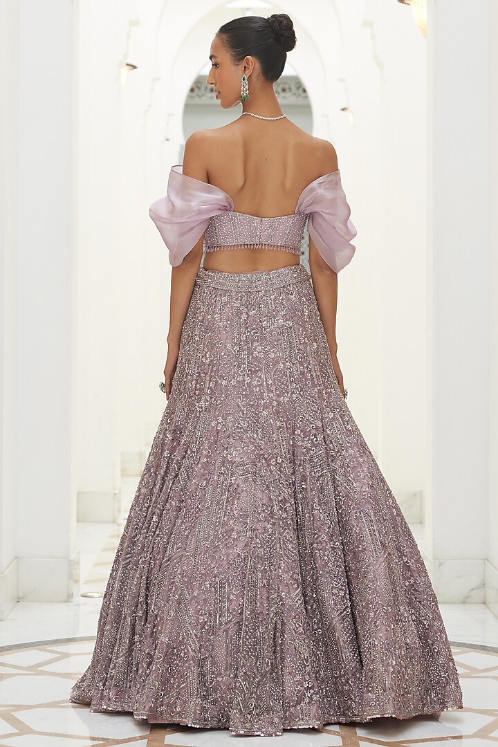 Mauve Net & Raw Silk Sequins & Beads Embroidered Fishtail Skirt Set by NITIKA GUJRAL at Pernia's Pop Up Shop