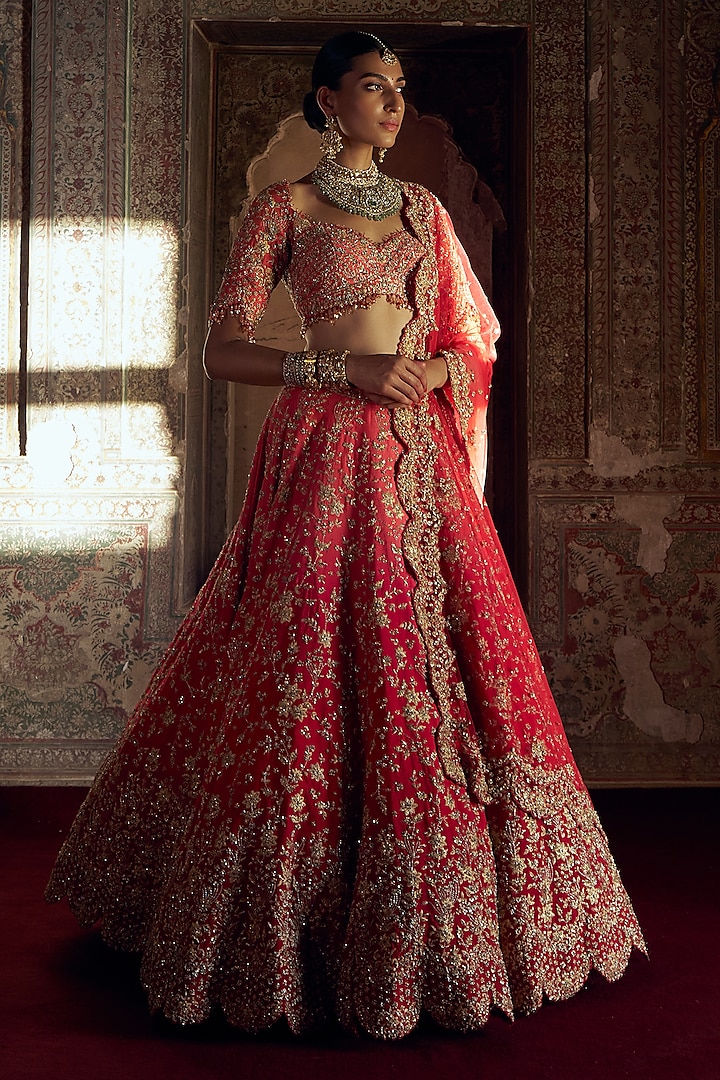 Red-Coral Ombre Shaded Raw Silk Kasab & Dabka Embroidered Bridal Lehenga Set by NITIKA GUJRAL at Pernia's Pop Up Shop