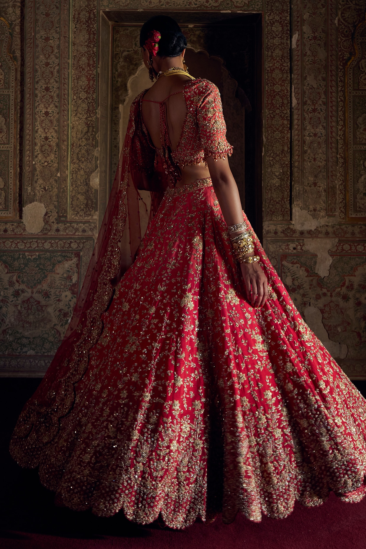 Taj Mahal lehenga Dark peach raw silk top with all over bead embroidery with taj store mahal design brocade pleated lehenga skirt