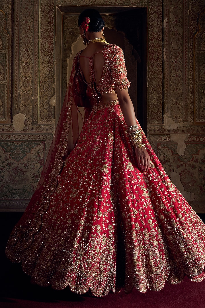 Red-Coral Ombre Shaded Raw Silk Kasab & Dabka Embroidered Bridal Lehenga Set by NITIKA GUJRAL at Pernia's Pop Up Shop
