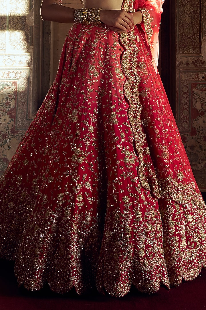 Red-Coral Ombre Shaded Raw Silk Kasab & Dabka Embroidered Bridal Lehenga Set by NITIKA GUJRAL at Pernia's Pop Up Shop