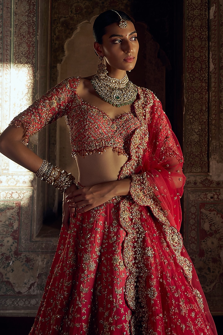Red-Coral Ombre Shaded Raw Silk Kasab & Dabka Embroidered Bridal Lehenga Set by NITIKA GUJRAL at Pernia's Pop Up Shop