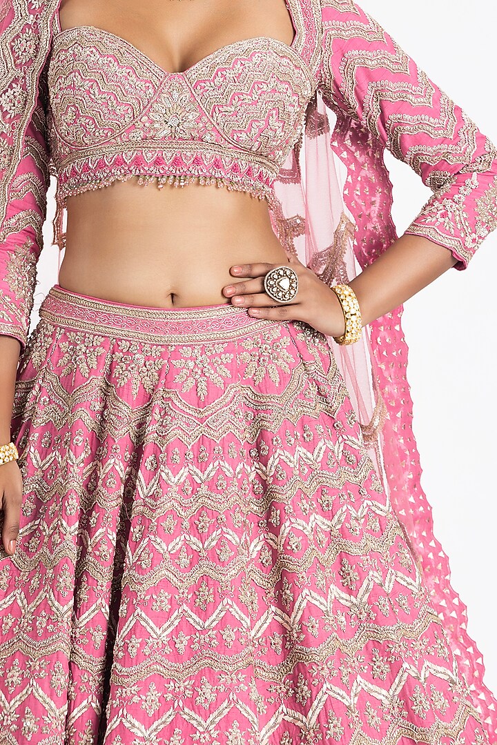 Pink Raw Silk Dabka Embroidered Bridal Lehenga Set by NITIKA GUJRAL at Pernia's Pop Up Shop