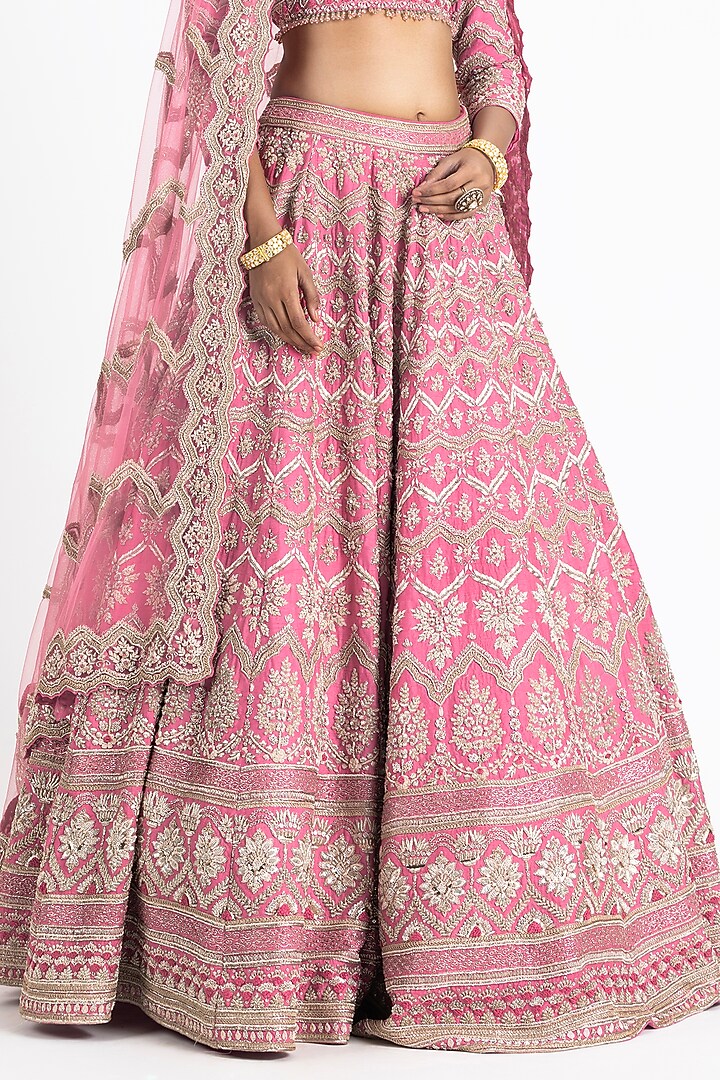 Pink Raw Silk Dabka Embroidered Bridal Lehenga Set by NITIKA GUJRAL at Pernia's Pop Up Shop