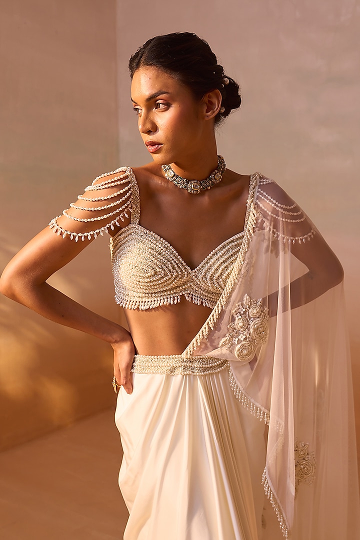 Ivory Satin Pearl Work Pre-Draped Wedding Saree Set by NITIKA GUJRAL at Pernia's Pop Up Shop