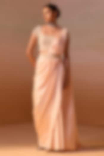 Peach Satin Resham Work Pre-Draped Saree Set by NITIKA GUJRAL at Pernia's Pop Up Shop