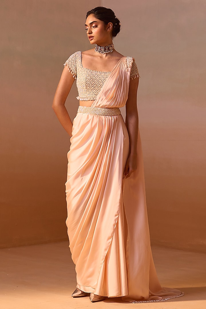 Peach Satin Resham Work Pre-Draped Saree Set by NITIKA GUJRAL at Pernia's Pop Up Shop