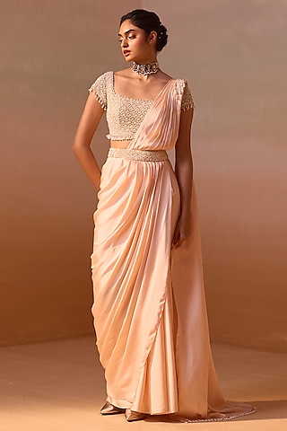 Peach Satin Resham Work Pre-Draped Saree Set by NITIKA GUJRAL