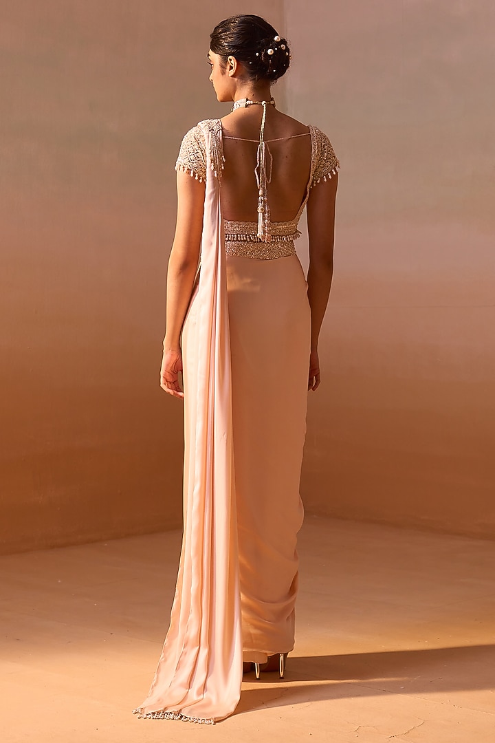 Peach Satin Resham Work Pre-Draped Wedding Saree Set by NITIKA GUJRAL at Pernia's Pop Up Shop