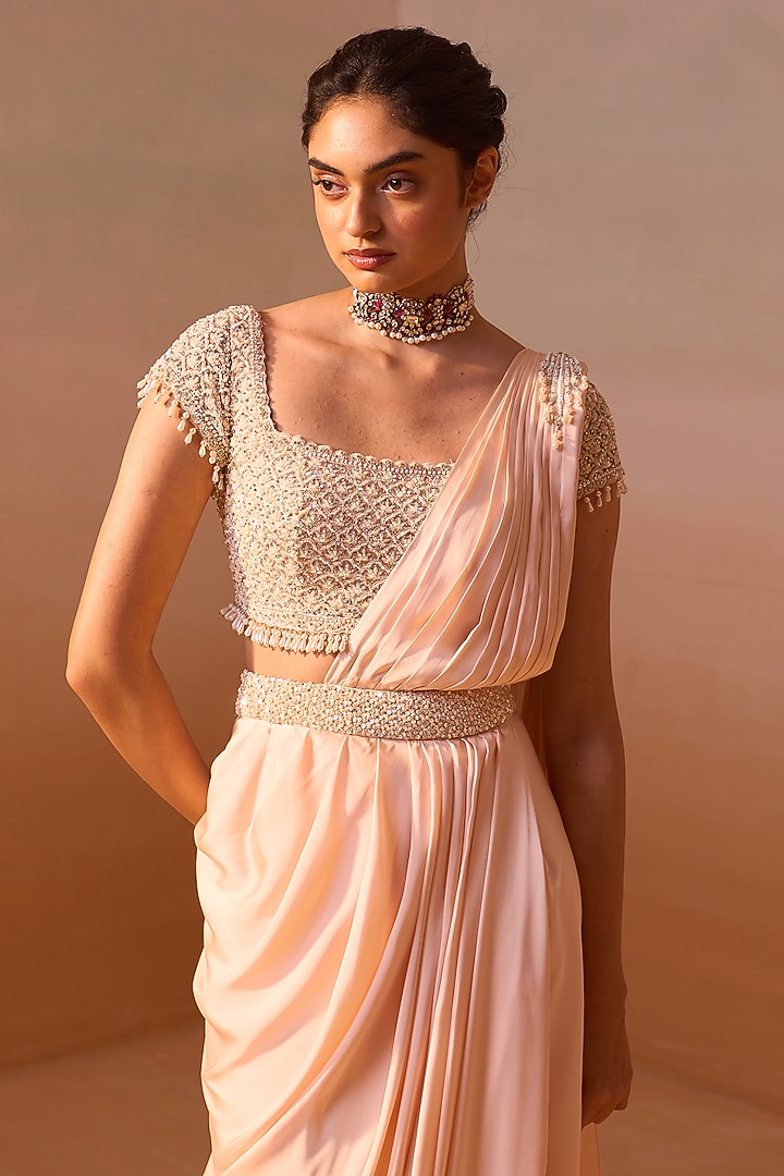 Peach Satin Resham Work Pre-Draped Wedding Saree Set by NITIKA GUJRAL at Pernia's Pop Up Shop