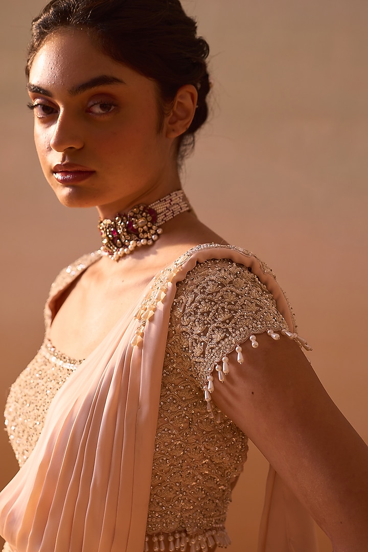 Peach Satin Resham Work Pre-Draped Wedding Saree Set by NITIKA GUJRAL at Pernia's Pop Up Shop