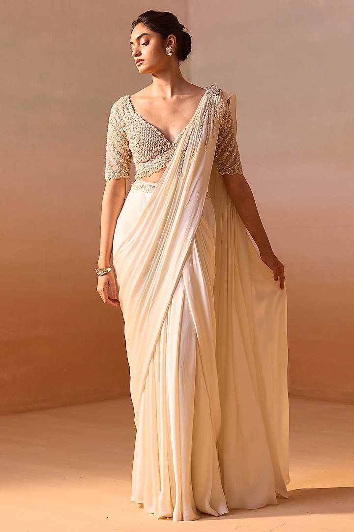 Ivory Satin & Net Pre-Draped Saree Set by NITIKA GUJRAL at Pernia's Pop Up Shop