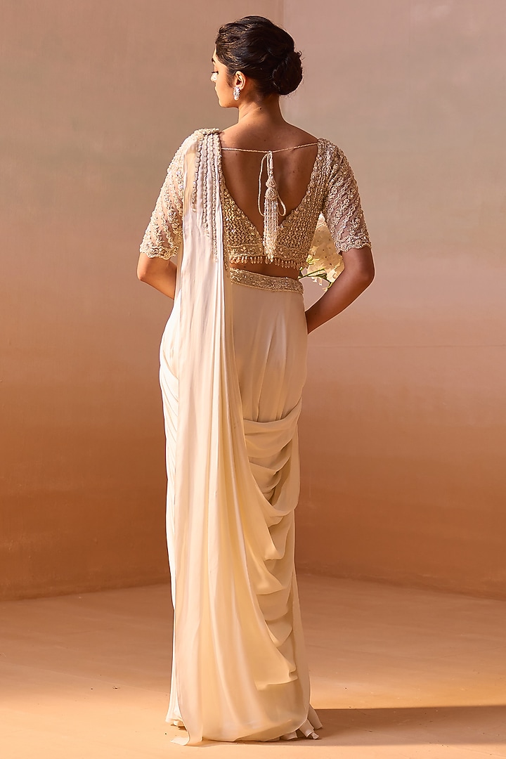 Ivory Satin & Net Pre-Draped Wedding Saree Set by NITIKA GUJRAL at Pernia's Pop Up Shop