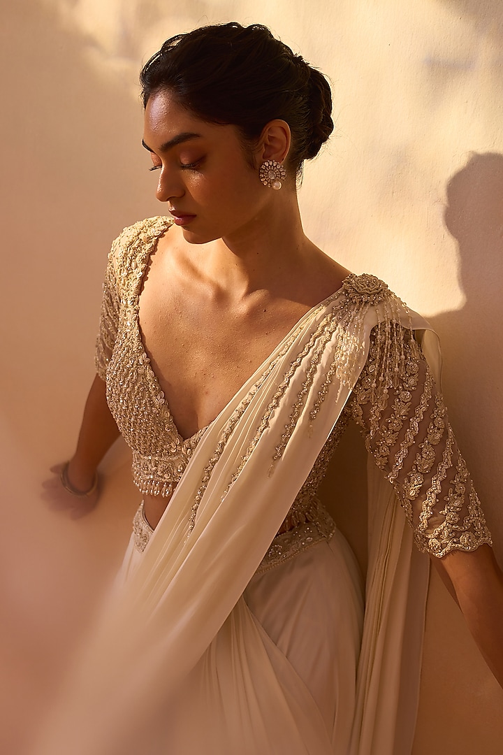 Ivory Satin & Net Pre-Draped Wedding Saree Set by NITIKA GUJRAL at Pernia's Pop Up Shop